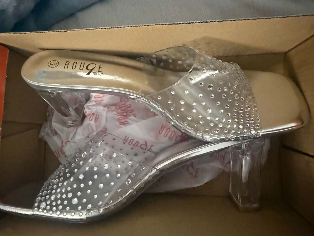 Women's Silver Metallic Clear Rhinestone Block Heel Sandals RB831-1A